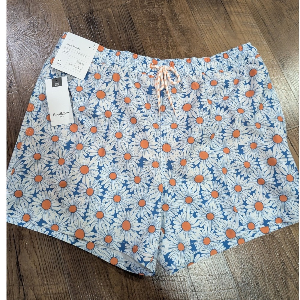 Goodfellow & Co Swim Trunks Mens L Blue Floral NWT 5" Inseam 4-Way Stretch Daisy